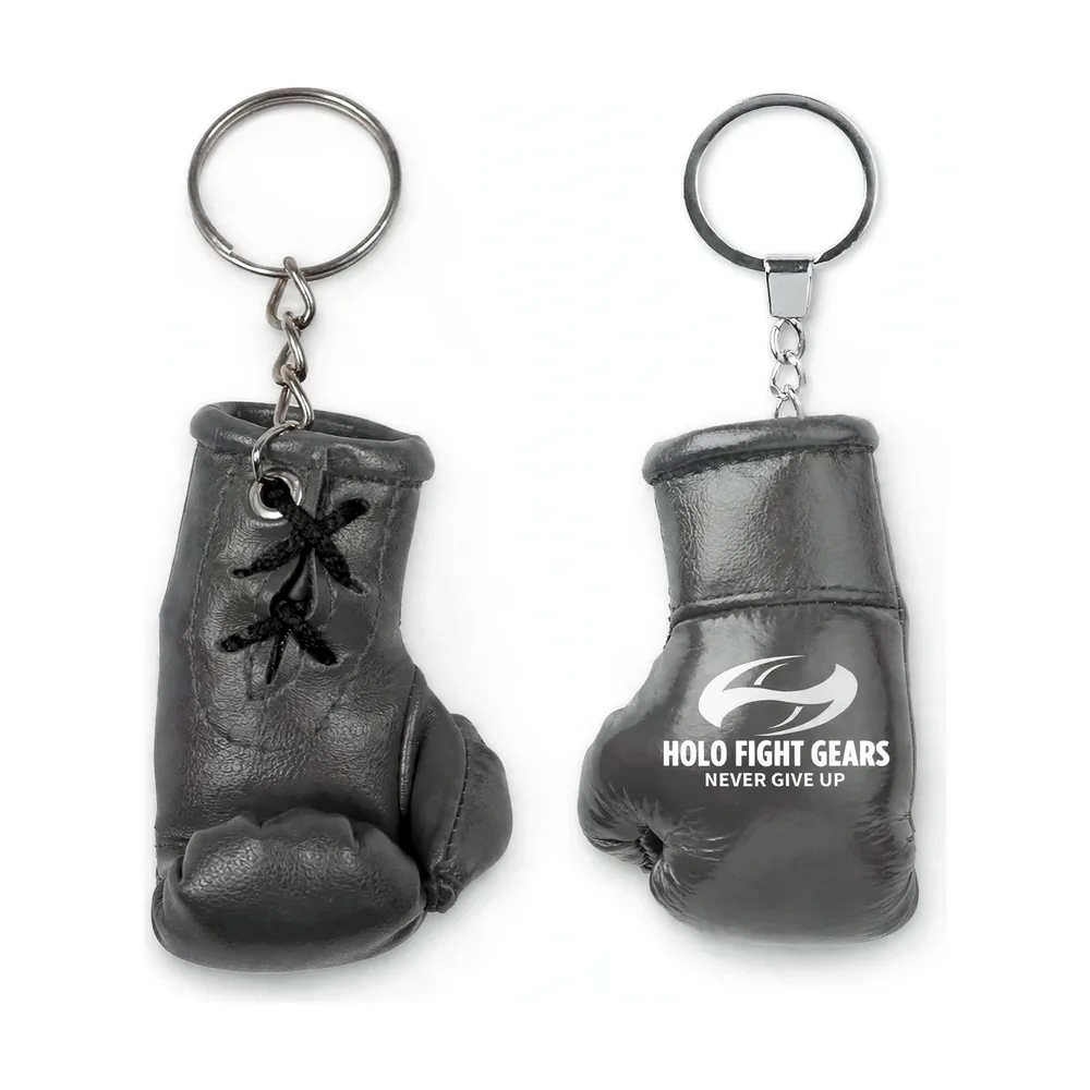 Grey Holo Fight Gears boxing glove keychain, lace-up palm side and smooth back panel on a split ring and chain