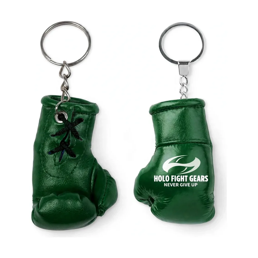 Green Holo Fight Gears boxing glove keychain, lace-up palm side and smooth back panel on a split ring and chain