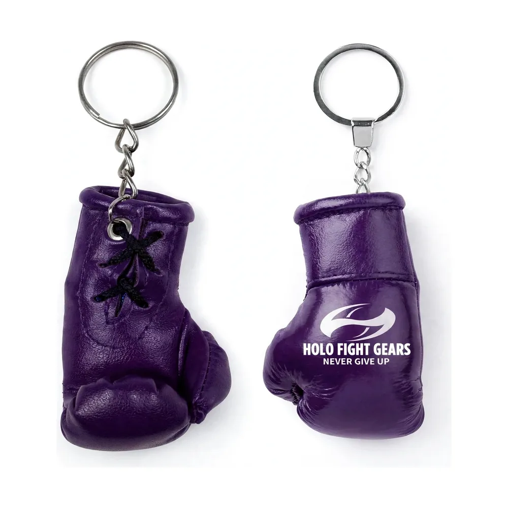 Purple Holo Fight Gears boxing glove keychain, lace-up palm side and smooth back panel on a split ring and chain
