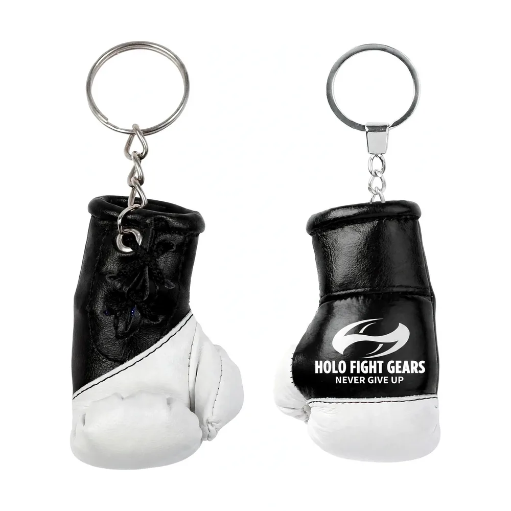 Black & White Holo Fight Gears boxing glove keychain, lace-up palm side and smooth back panel on a split ring and chain