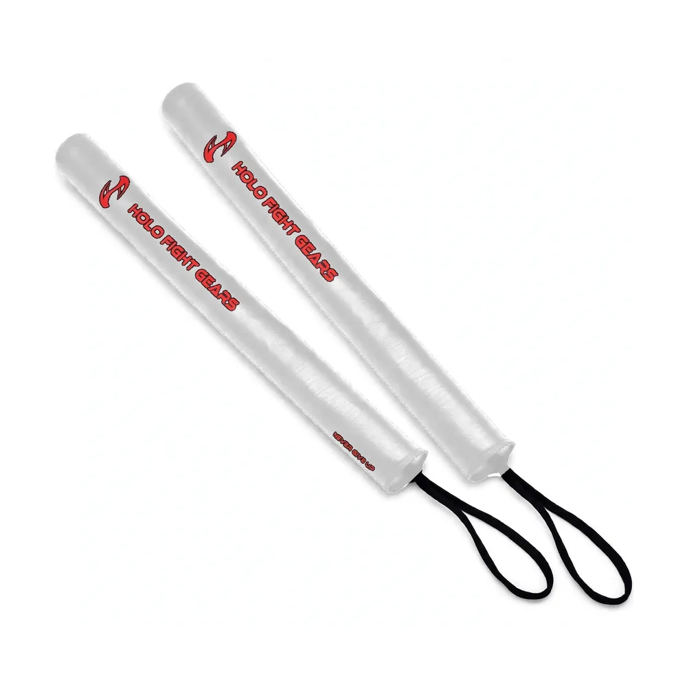 White Holo Fight Gears slim padded boxing training sticks, pair with wrist cords
