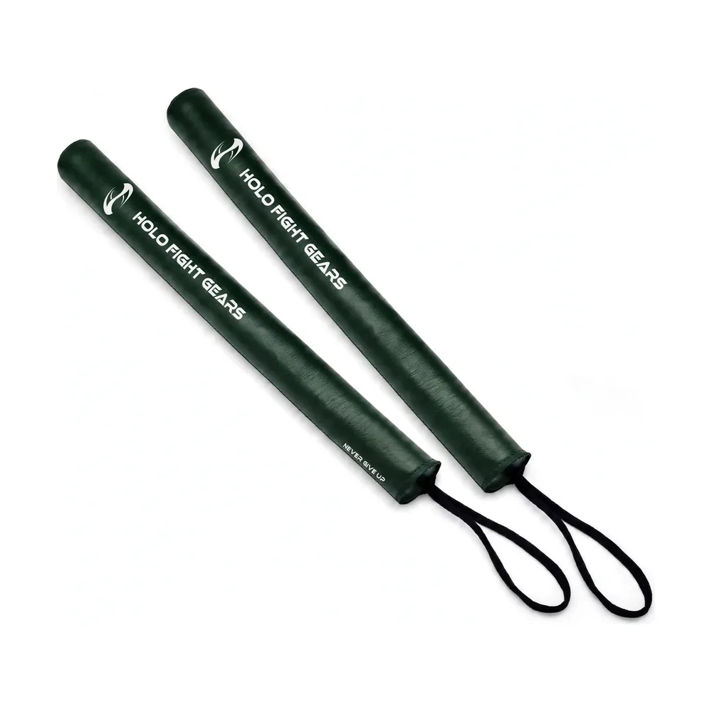 Green Holo Fight Gears slim padded boxing training sticks, pair with wrist cords