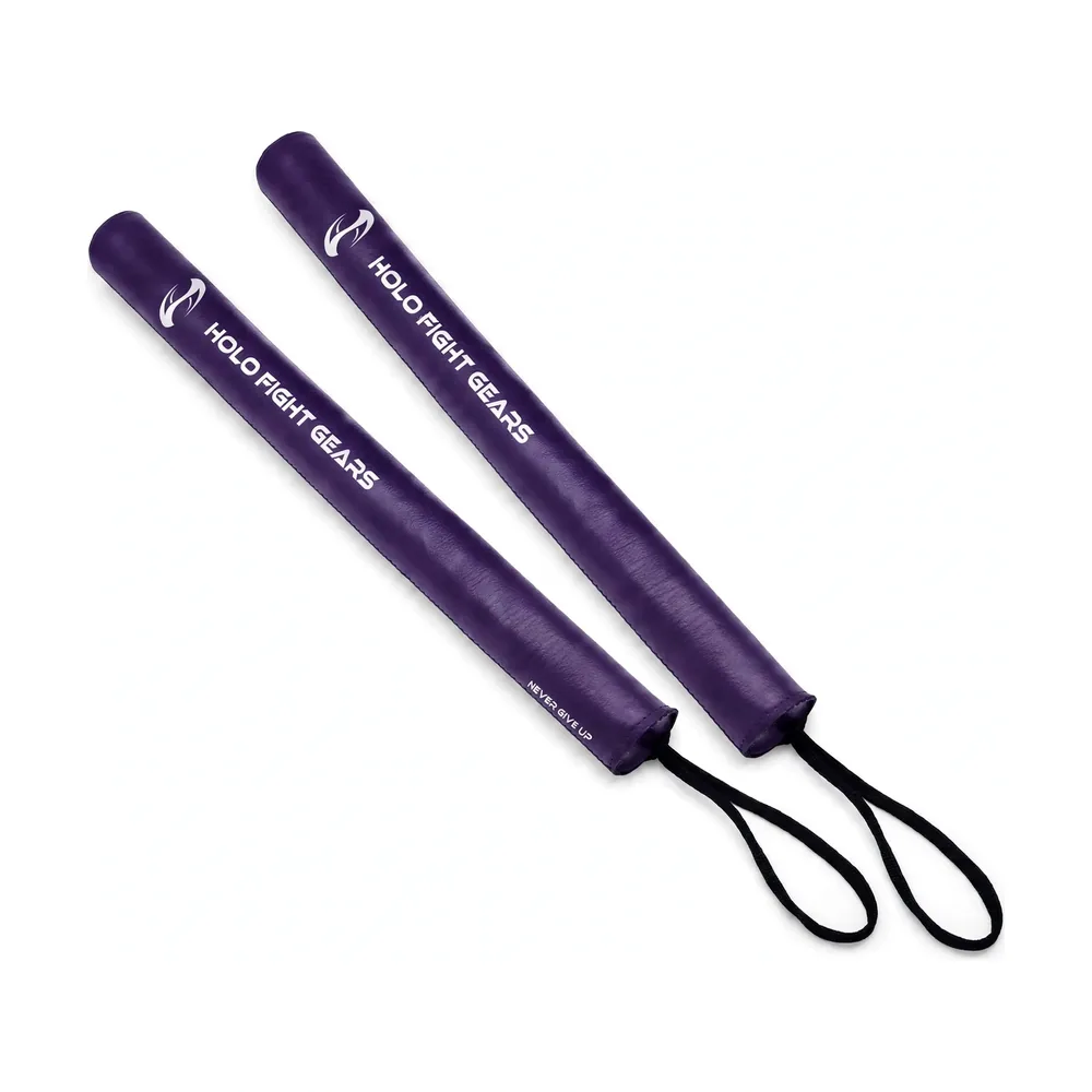 Purple Holo Fight Gears slim padded boxing training sticks, pair with wrist cords