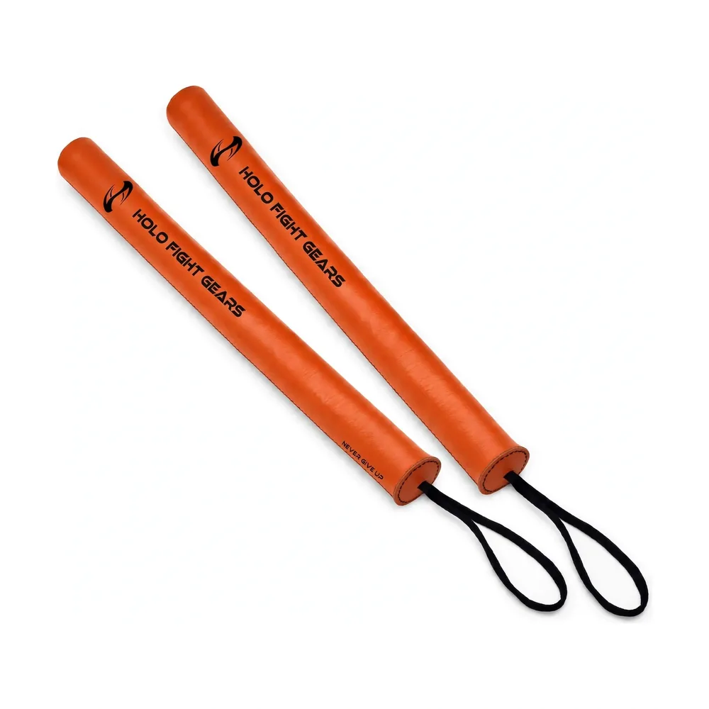 Orange Holo Fight Gears slim padded boxing training sticks, pair with wrist cords