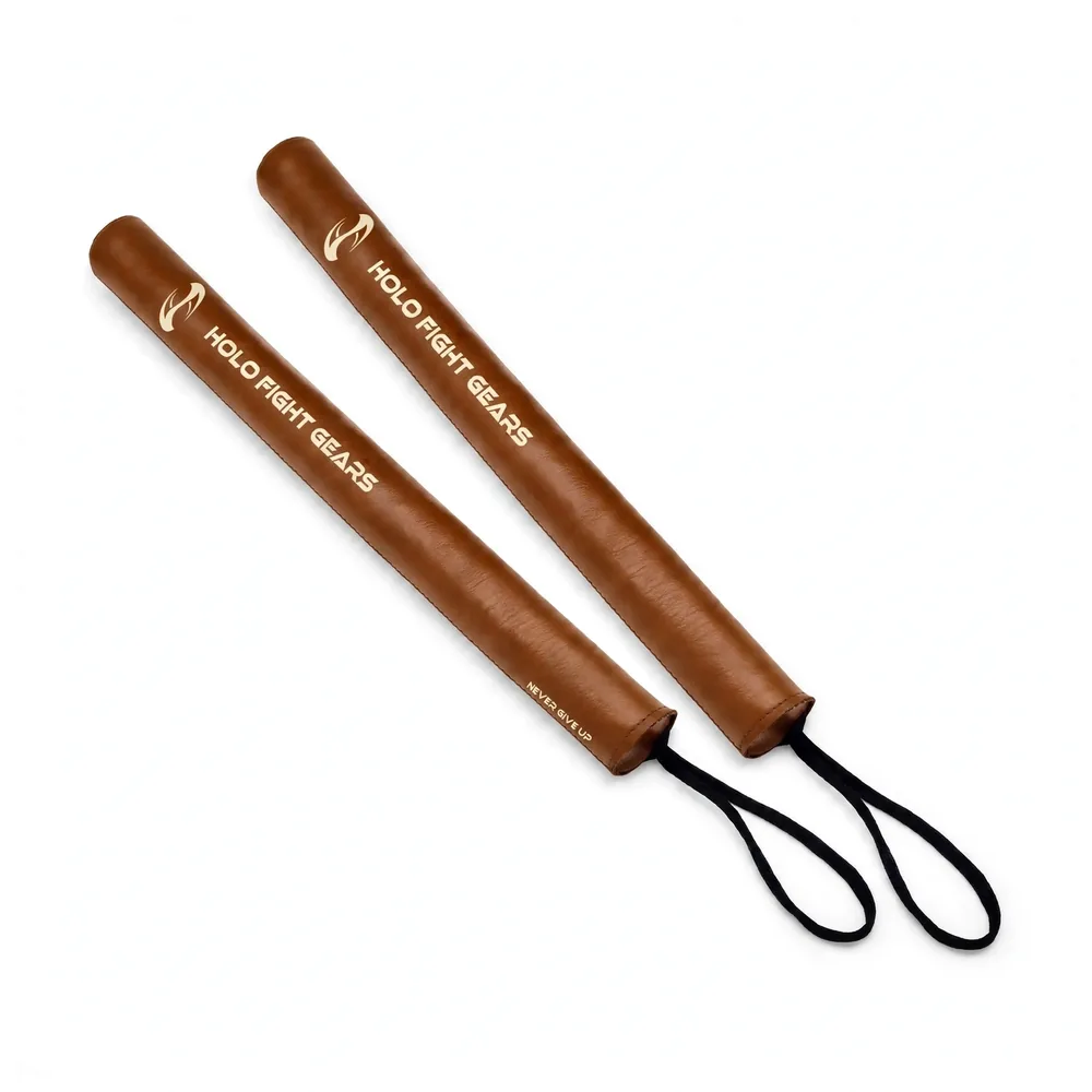 Brown Holo Fight Gears slim padded boxing training sticks, pair with wrist cords