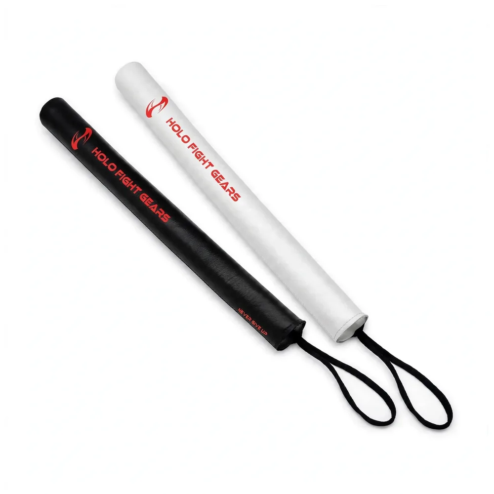 Black & White Holo Fight Gears slim padded boxing training sticks, pair with wrist cords