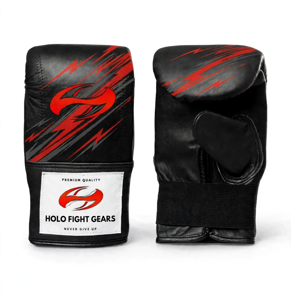 Black Holo Fight Gears premium leather bag gloves with printed back panel design, pair