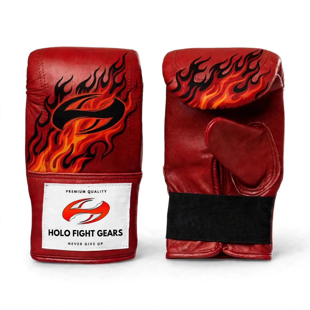 Red Holo Fight Gears premium leather bag gloves with printed back panel design, pair