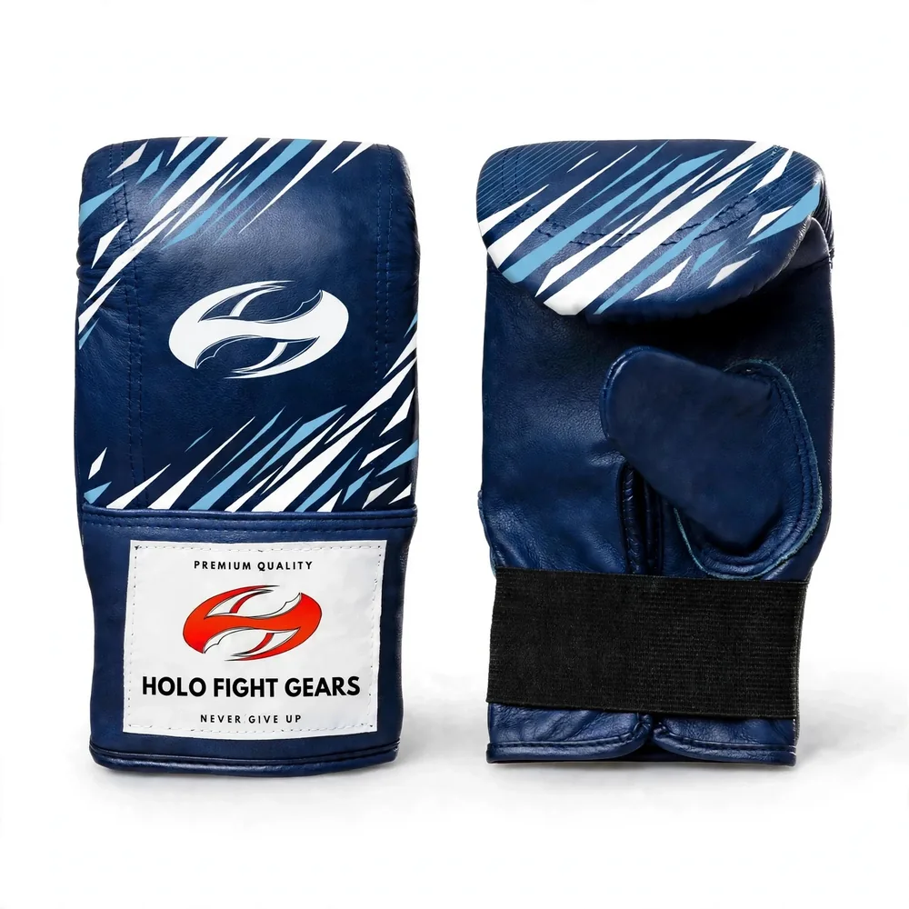 Blue Holo Fight Gears premium leather bag gloves with printed back panel design, pair
