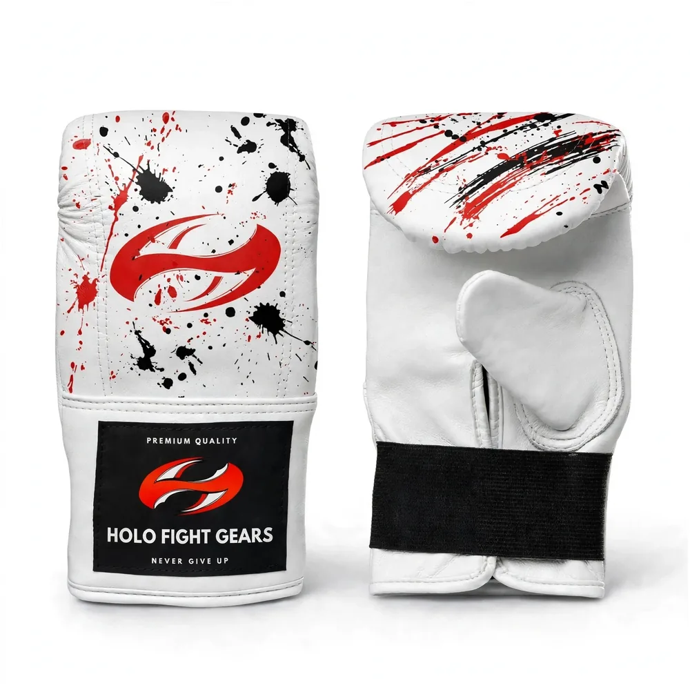 White Holo Fight Gears premium leather bag gloves with printed back panel design, pair