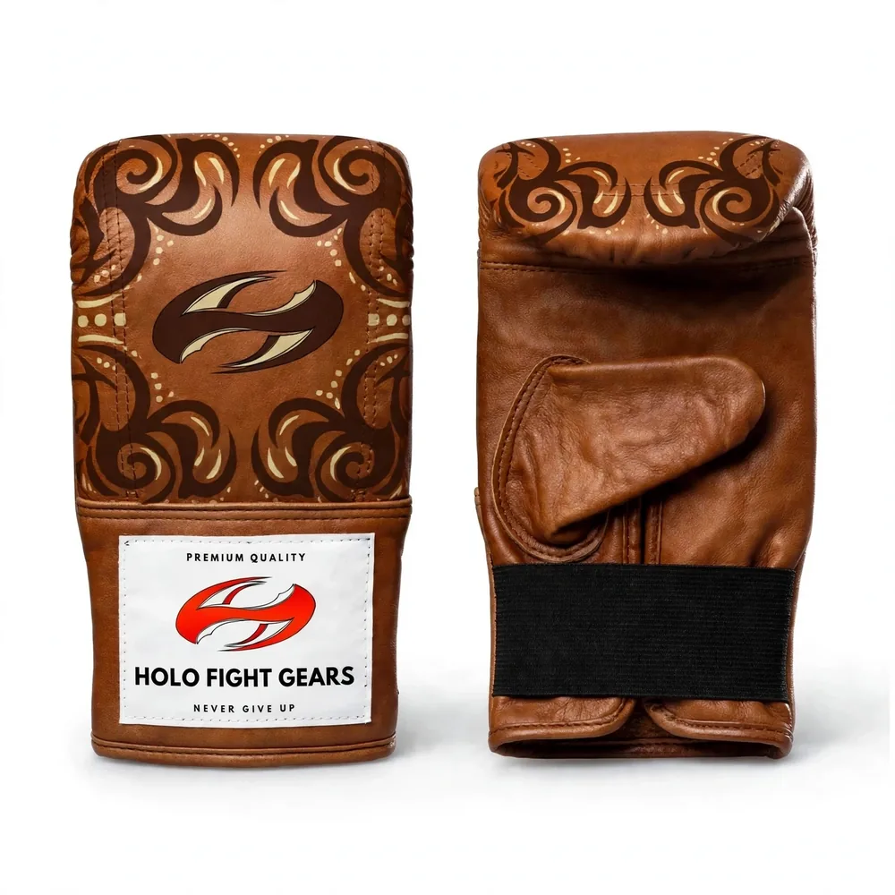 Brown Holo Fight Gears premium leather bag gloves with printed back panel design, pair
