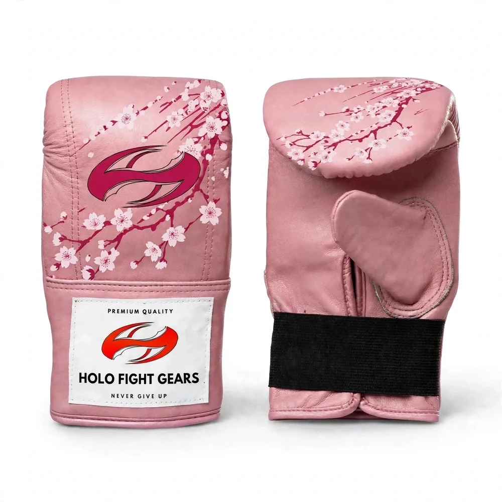 Pink Holo Fight Gears premium leather bag gloves with printed back panel design, pair