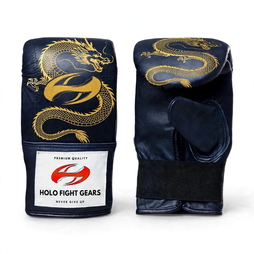 Navy Holo Fight Gears premium leather bag gloves with printed back panel design, pair