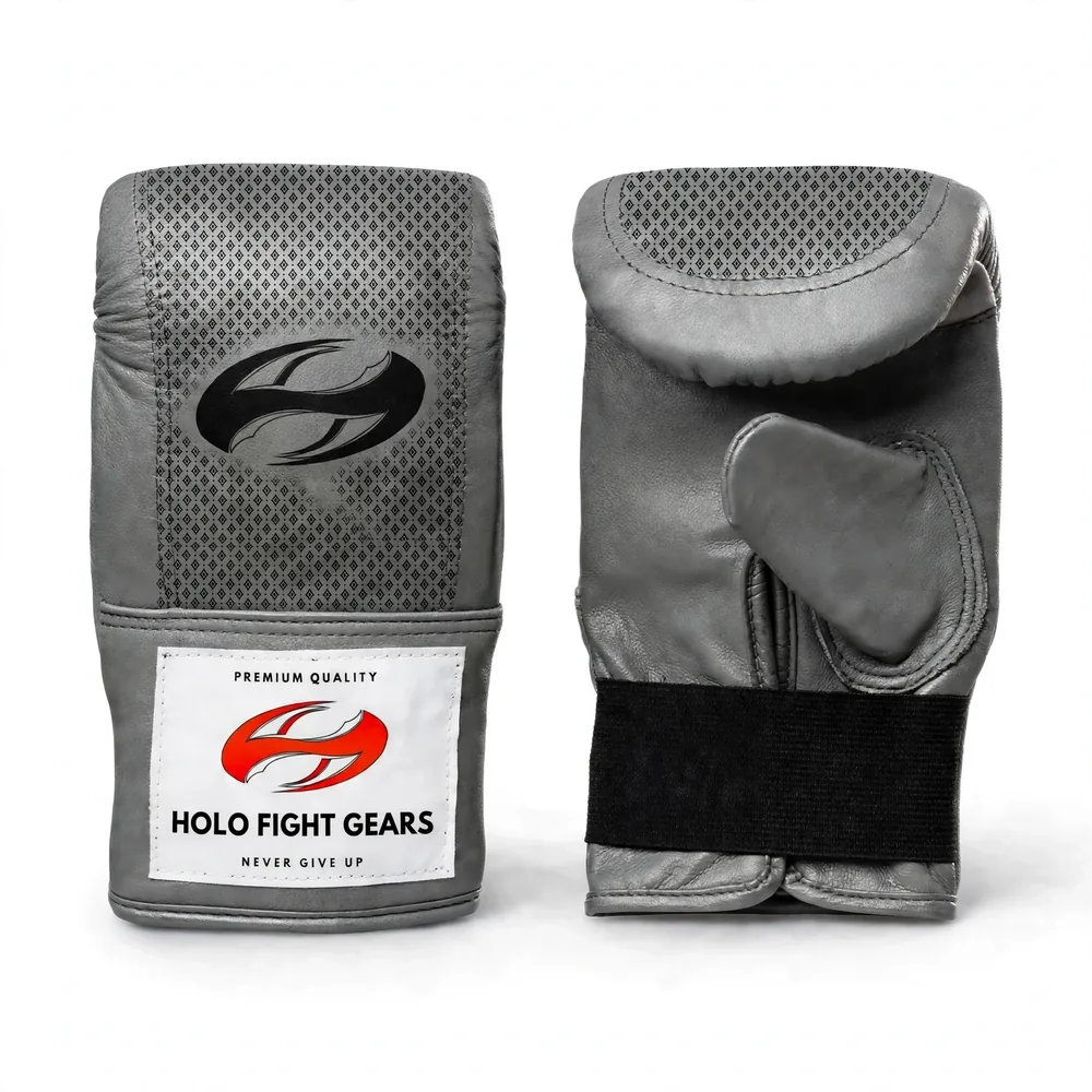 Grey Holo Fight Gears premium leather bag gloves with printed back panel design, pair