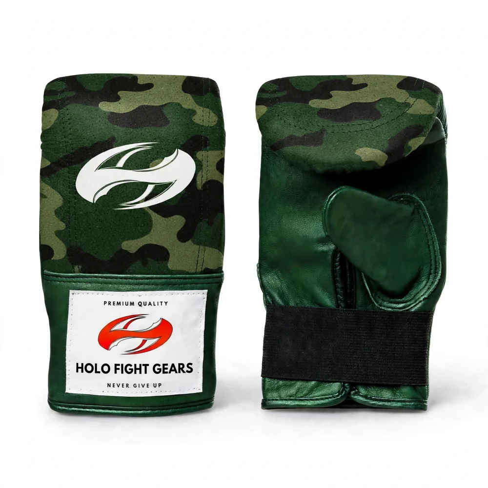 Green Holo Fight Gears premium leather bag gloves with printed back panel design, pair