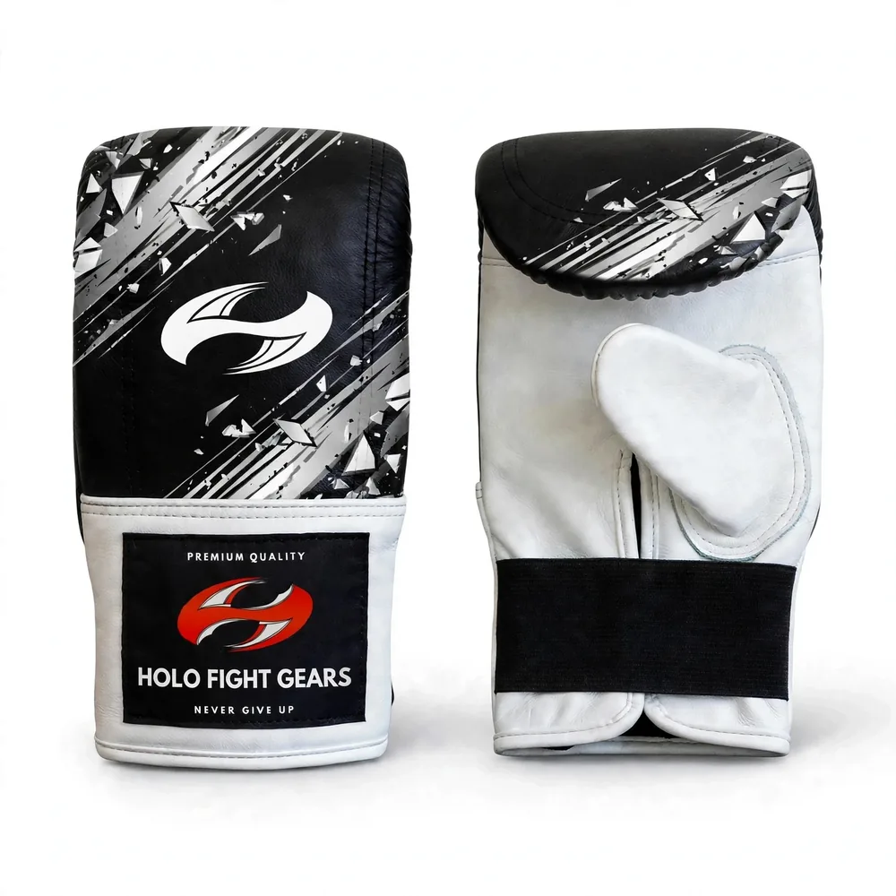 Black & White Holo Fight Gears premium leather bag gloves with printed back panel design, pair