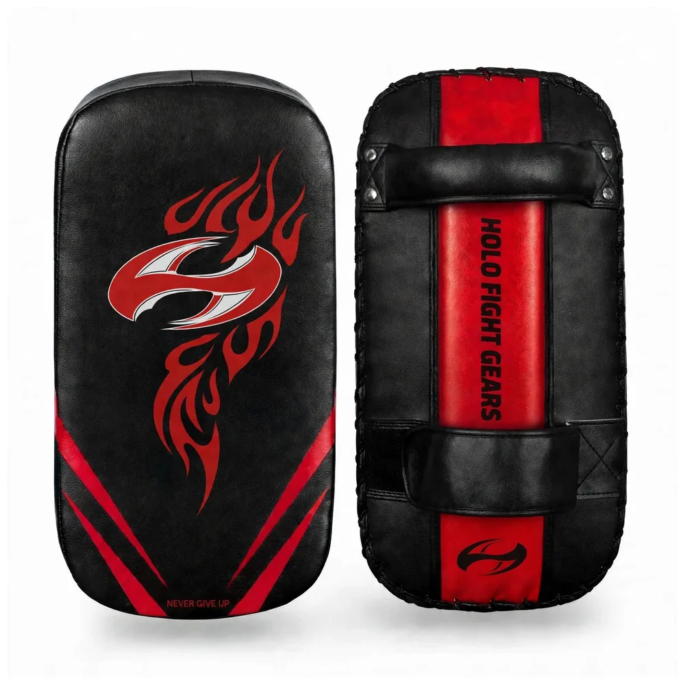 Black (Tribal Flame) Holo Fight Gears professional Thai kick pads, pair showing front and back