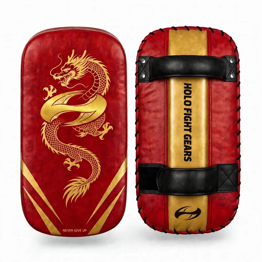 Red (Gold Dragon) Holo Fight Gears professional Thai kick pads, pair showing front and back