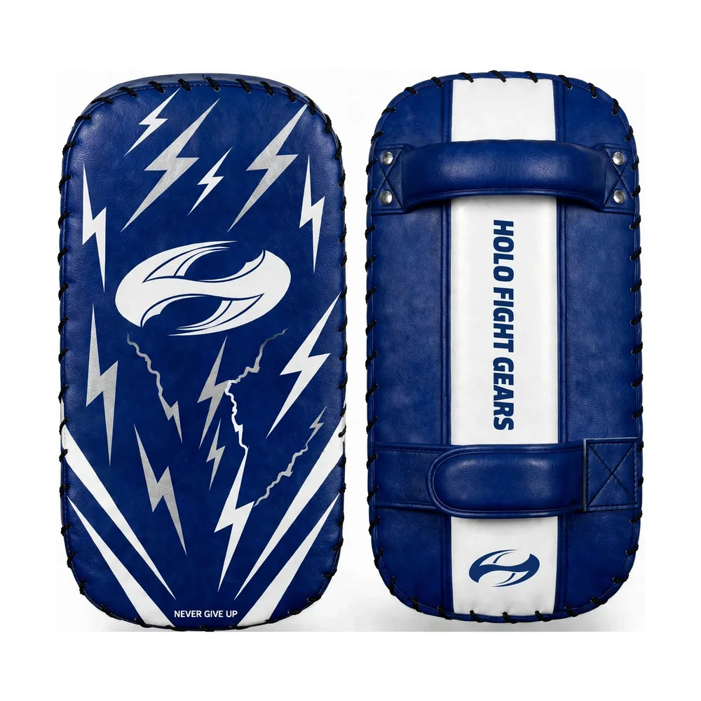 Blue (Lightning) Holo Fight Gears professional Thai kick pads, pair showing front and back
