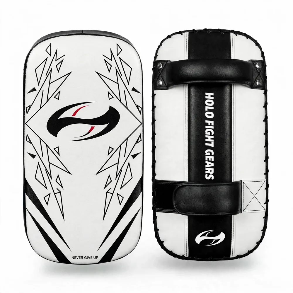 White (Geometric) Holo Fight Gears professional Thai kick pads, pair showing front and back