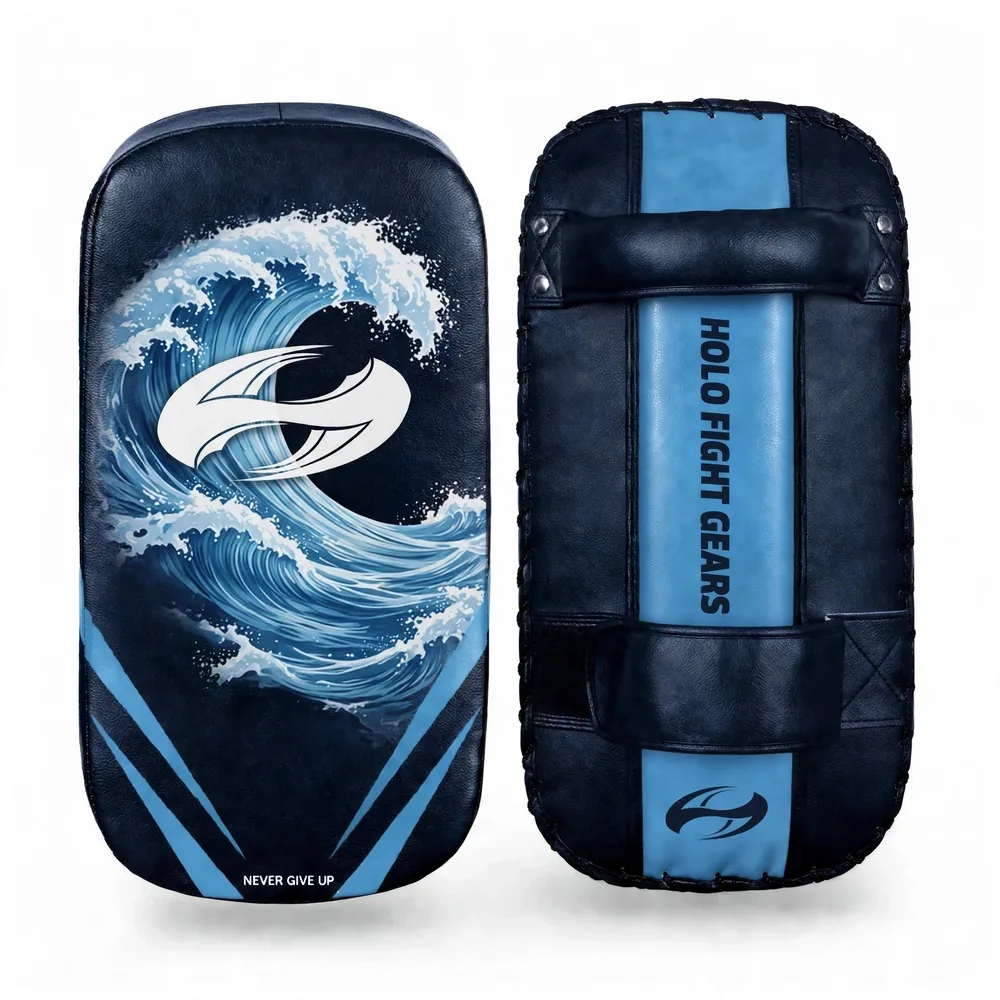 Navy (Wave) Holo Fight Gears professional Thai kick pads, pair showing front and back