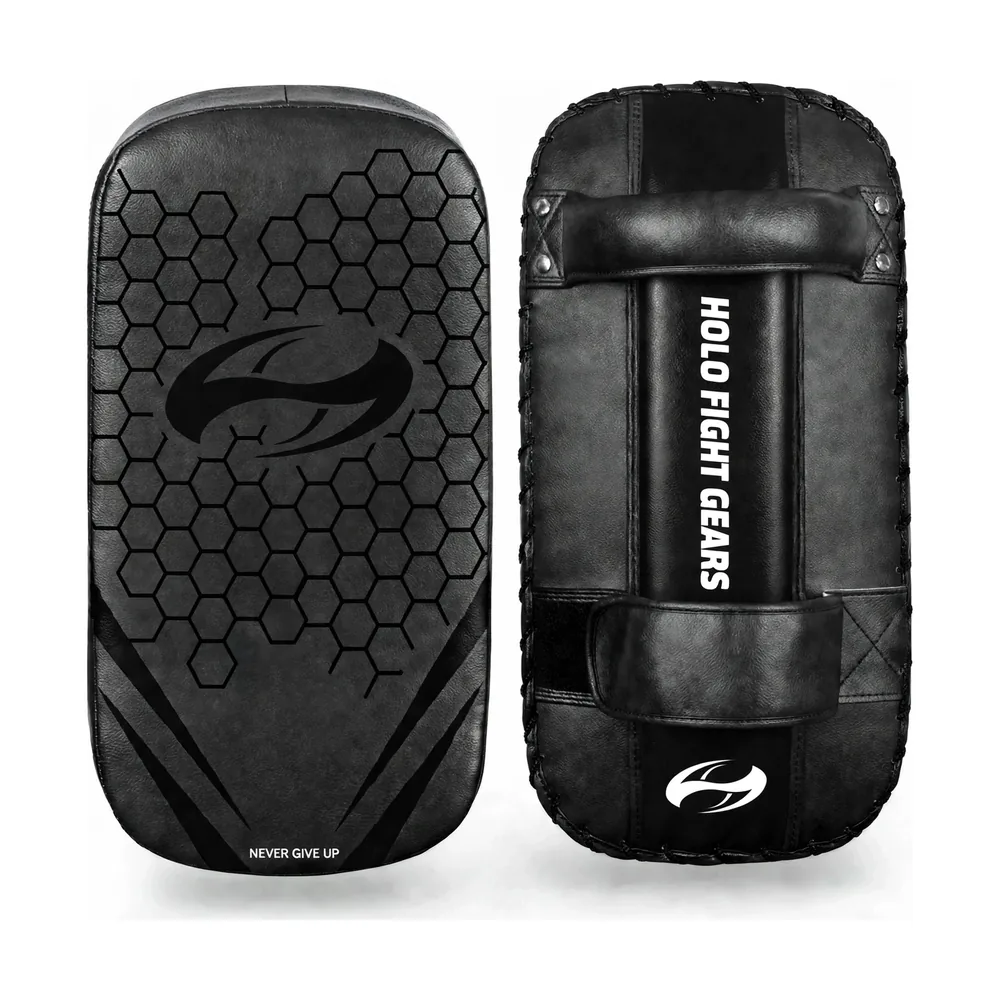 Grey (Carbon Hex) Holo Fight Gears professional Thai kick pads, pair showing front and back