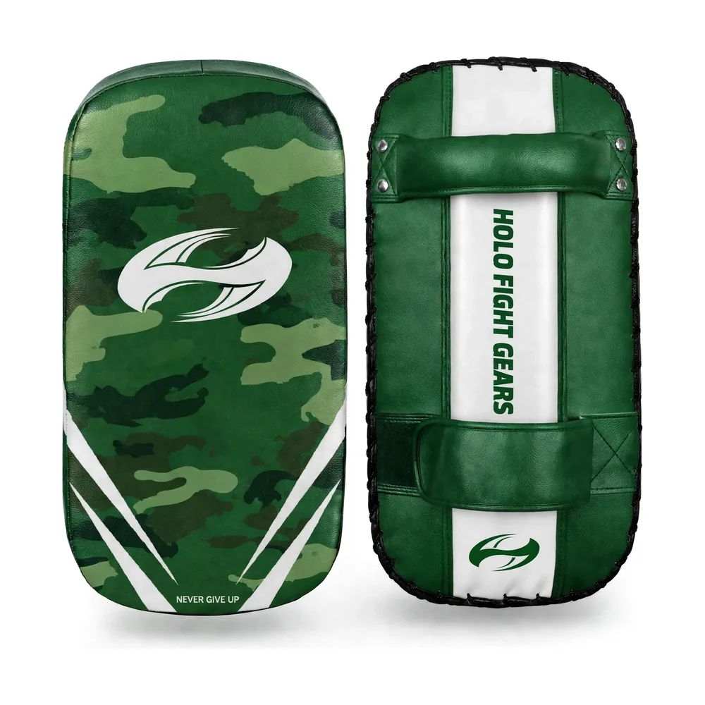 Green (Camo) Holo Fight Gears professional Thai kick pads, pair showing front and back