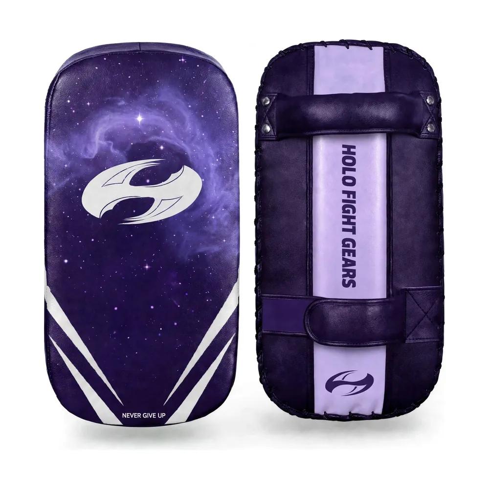 Purple (Galaxy) Holo Fight Gears professional Thai kick pads, pair showing front and back