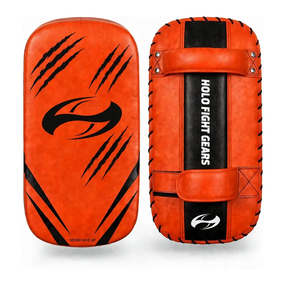 Orange (Tiger Claw) Holo Fight Gears professional Thai kick pads, pair showing front and back