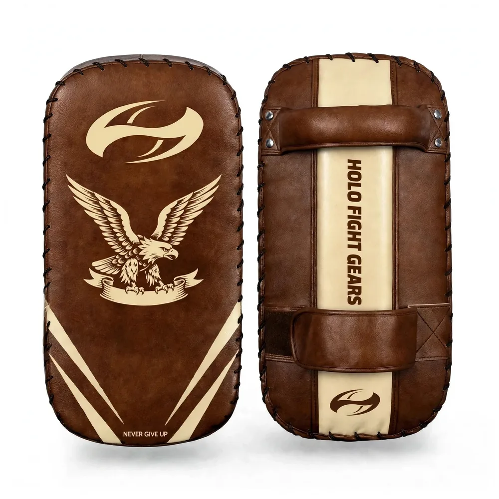 Brown (Vintage Eagle) Holo Fight Gears professional Thai kick pads, pair showing front and back