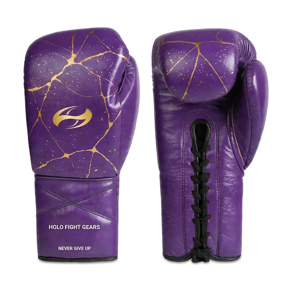 Purple Kintsugi Holo Fight Gears lace-up boxing gloves, backhand glove and lace-up palm side shown as a matched pair