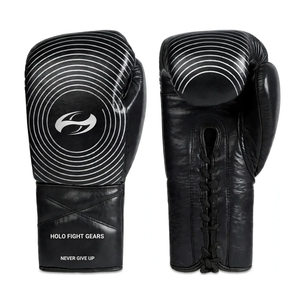 Black Eclipse Rings Holo Fight Gears lace-up boxing gloves, backhand glove and lace-up palm side shown as a matched pair