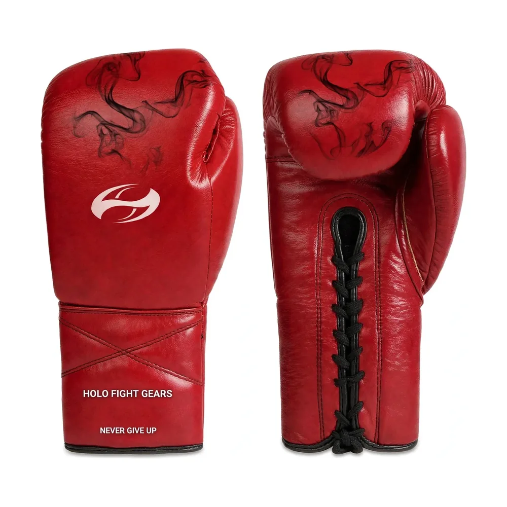 Red Smoke Wisps Holo Fight Gears lace-up boxing gloves, backhand glove and lace-up palm side shown as a matched pair
