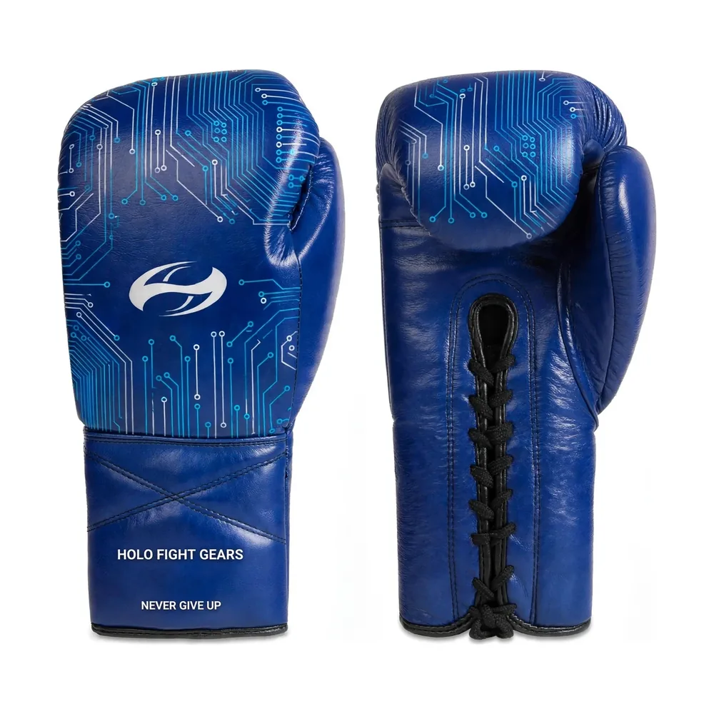 Blue Circuit Traces Holo Fight Gears lace-up boxing gloves, backhand glove and lace-up palm side shown as a matched pair