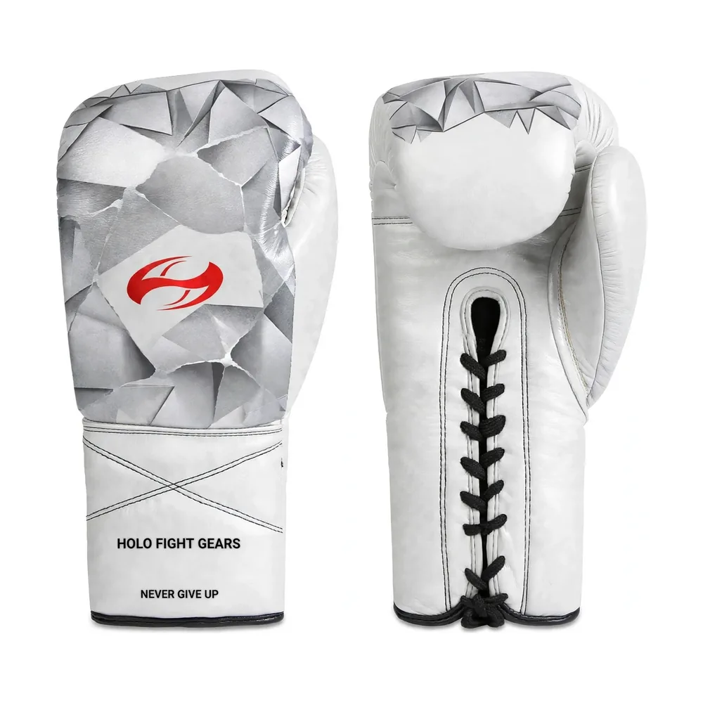 White Origami Facets Holo Fight Gears lace-up boxing gloves, backhand glove and lace-up palm side shown as a matched pair