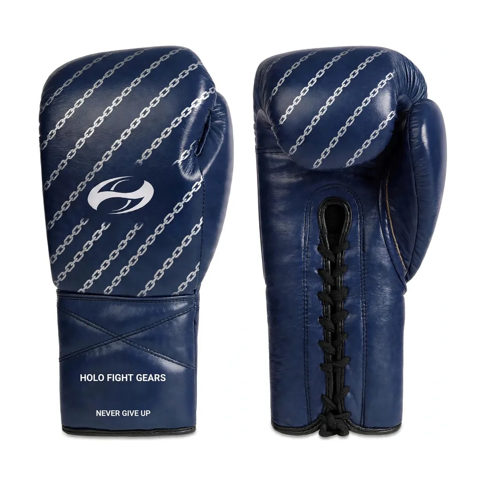 Navy Chain Links Holo Fight Gears lace-up boxing gloves, backhand glove and lace-up palm side shown as a matched pair