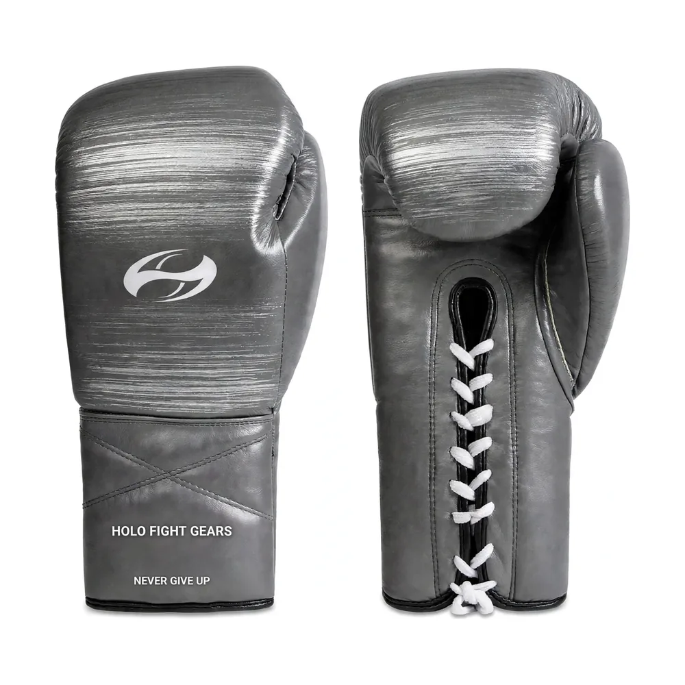 Grey Brushed Metal Holo Fight Gears lace-up boxing gloves, backhand glove and lace-up palm side shown as a matched pair