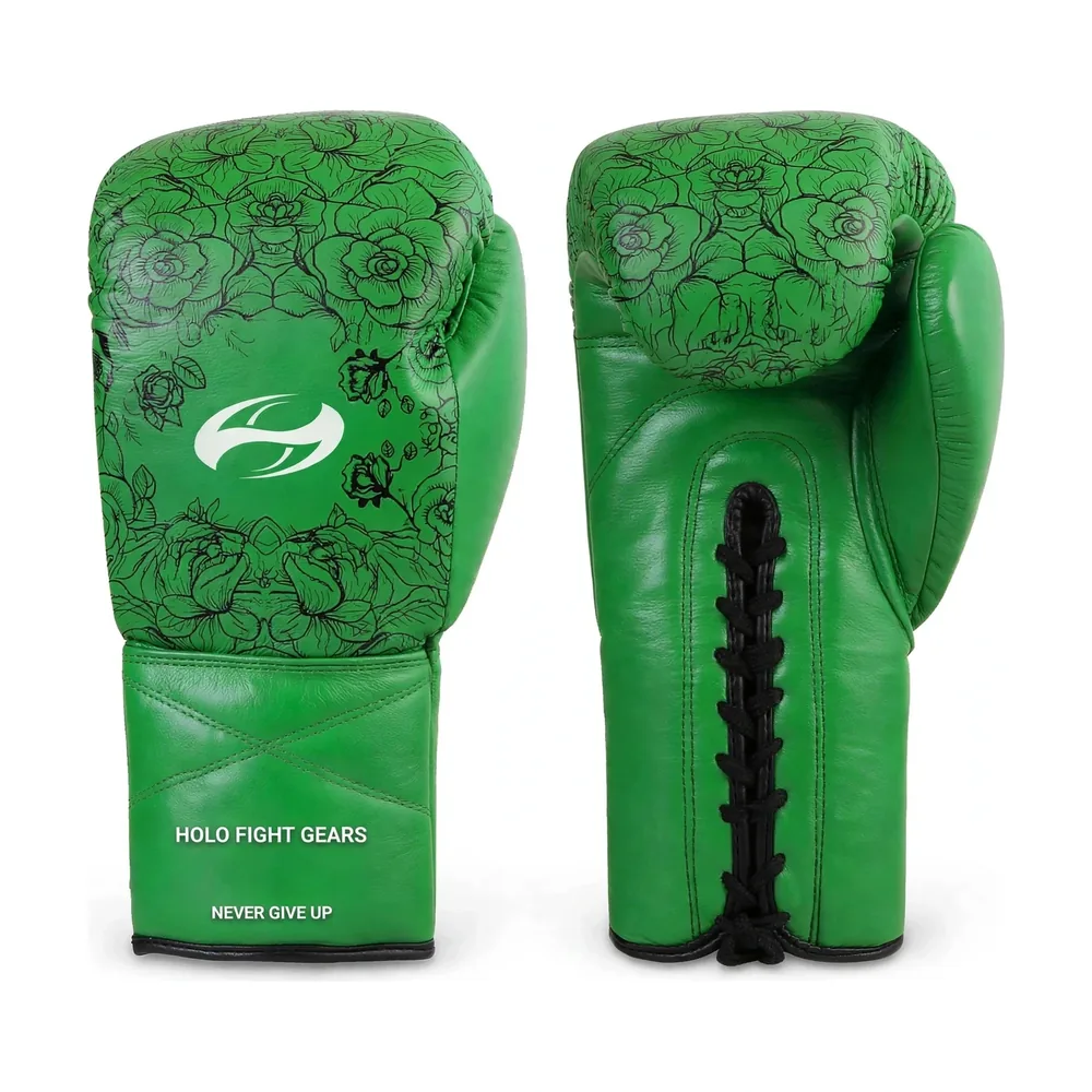 Green Rose Line-Art Holo Fight Gears lace-up boxing gloves, backhand glove and lace-up palm side shown as a matched pair
