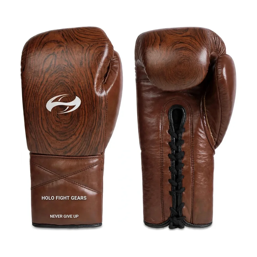 Brown Wood Grain Holo Fight Gears lace-up boxing gloves, backhand glove and lace-up palm side shown as a matched pair