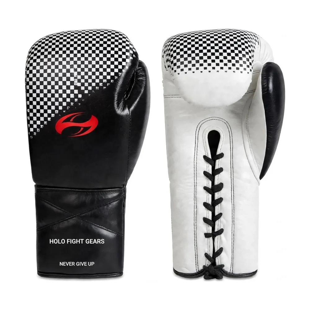 Black & White Checker Fade Holo Fight Gears lace-up boxing gloves, backhand glove and lace-up palm side shown as a matched pair