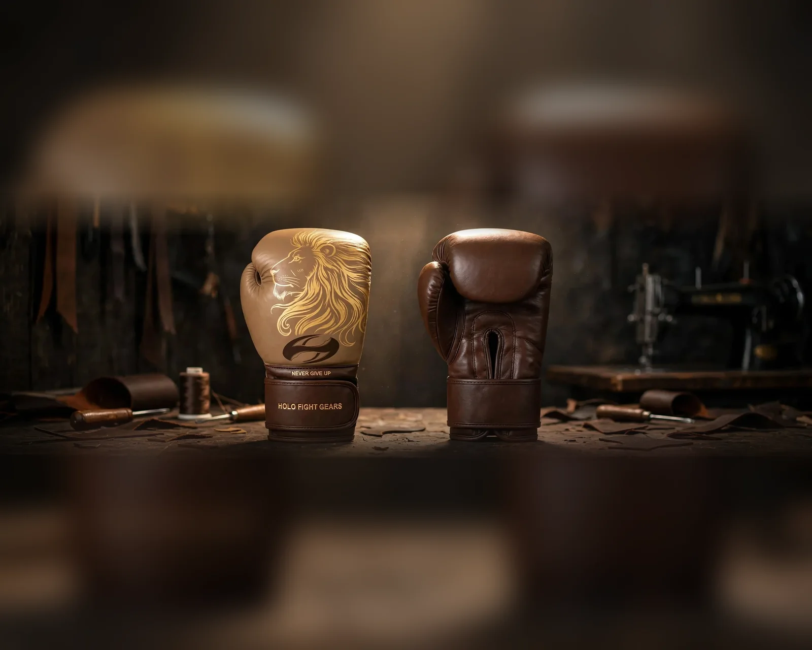 Branded Lion-design boxing glove beside a plain blank leather glove on a craftsman's workbench, ready for a customer's own logo