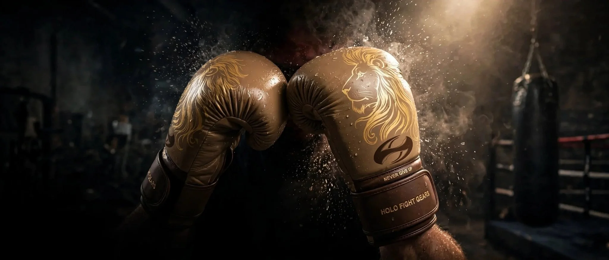 Gold Lion Holo boxing gloves clashing together with dust bursting