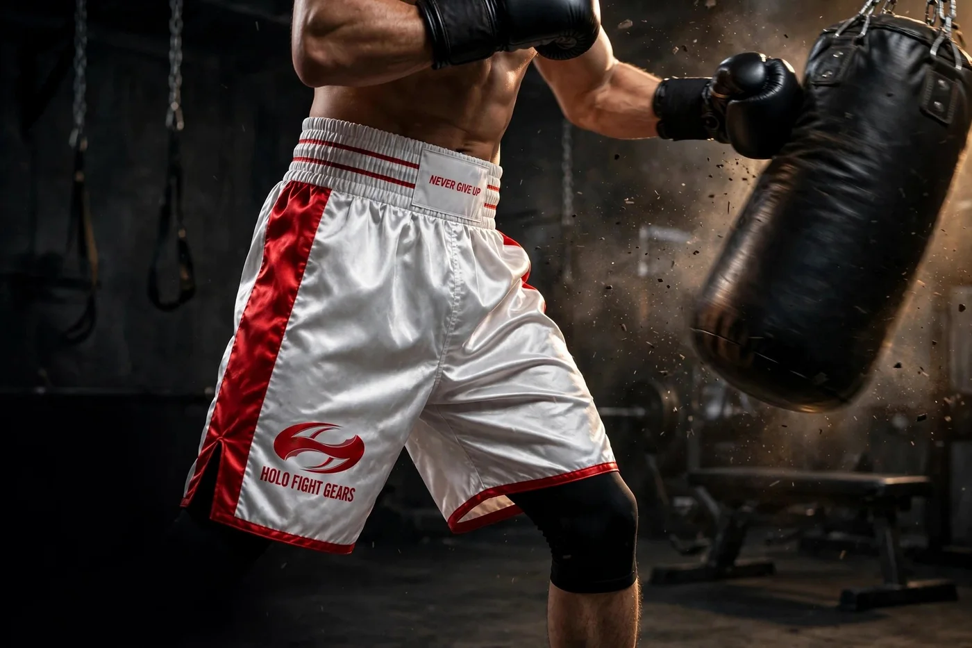 Boxer in white and red Holo boxing shorts punching a heavy bag