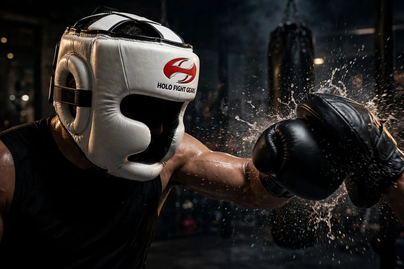 Boxer in a white Holo head guard taking a punch, sweat spraying