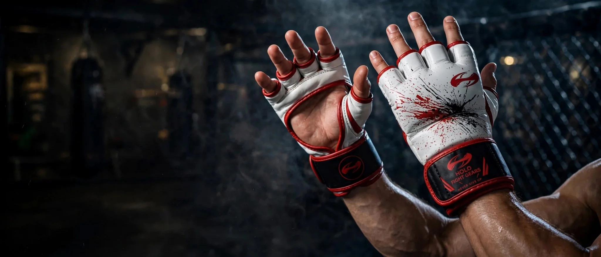 White splatter Holo MMA gloves raised in guard in front of the cage