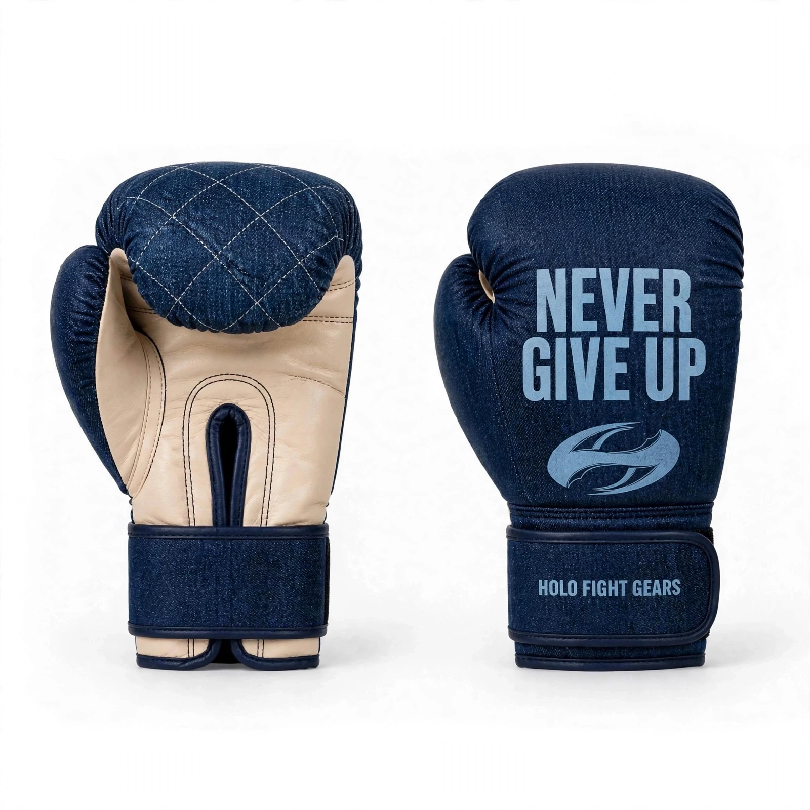 Denim custom boxing gloves in navy and cream
