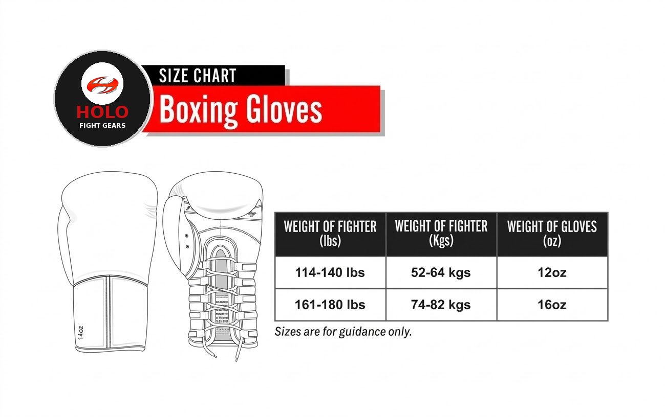 Holo Fight Gears boxing gloves size chart with hand circumference and weight guide