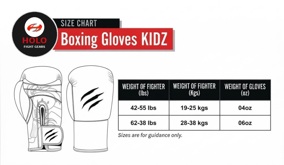 Holo Fight Gears Boxing Gloves KIDZ size chart with age, hand circumference and weight guide